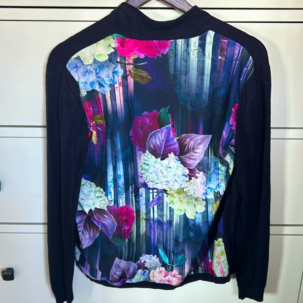 EUC Ted Baker open cardigan navy with hydrangea fabric back
